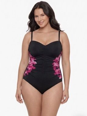Miraclesuit NEW Floral Ruched Sides 16 Black Pink Swimsuit Support Control Cups